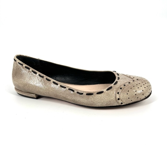 Prada Shoes - Prada Ballet Flats Womens Size 7.5 Taupe Leather Crackle Finish Stitch Accent